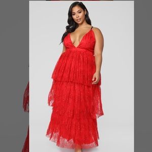 Plus size lady in red layered maxi dress